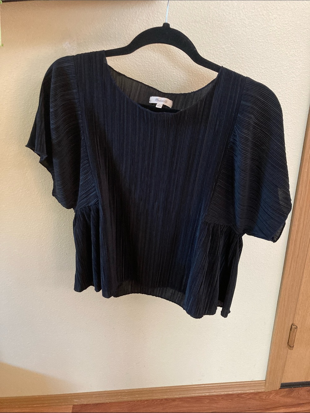 Madewell Black Textured Short Flutter Sleeve Blouse